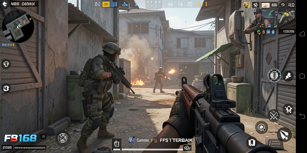 Screenshot FB168 menampilkan aksi tembak-menembak yang intens di gameplay FPS.