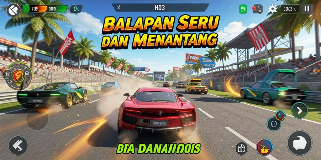 Tampilan gameplay H03 yang menampilkan adu balap seru di lintasan.