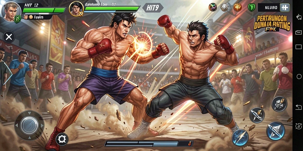 Screenshot gameplay HIT9 menampilkan pertarungan intens dan karakter unik.