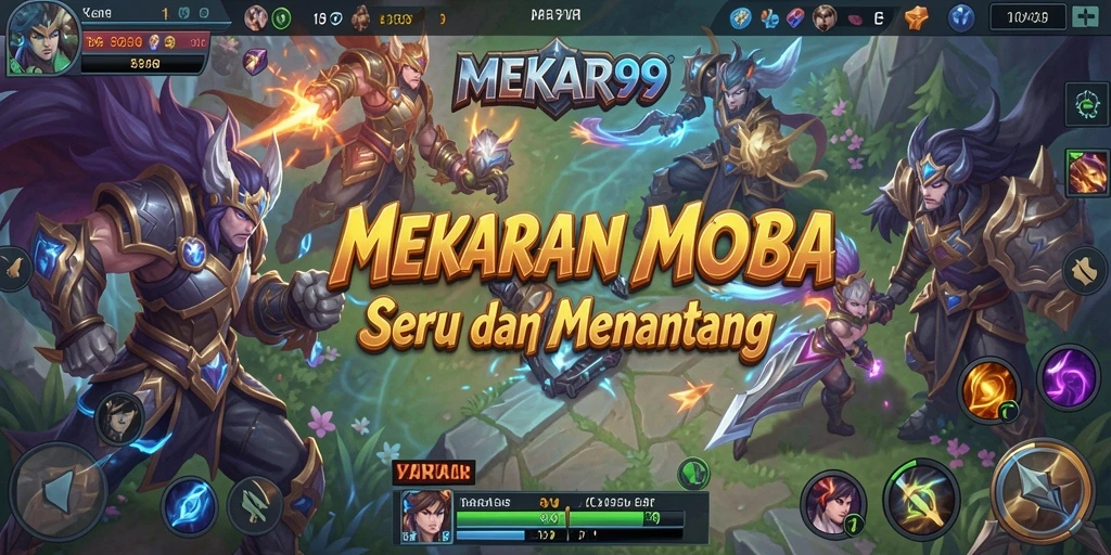 Tangkapan layar gameplay MEKAR99 dengan aksi pertempuran MOBA yang mendebarkan.