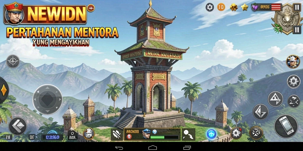 Screenshot gameplay NEWIDN yang menunjukkan menara pertahanan beraksi.