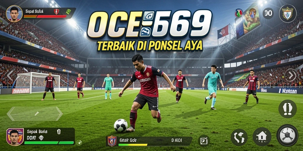 Screenshot gameplay OCE69 menampilkan aksi pertandingan sepak bola yang mendebarkan.