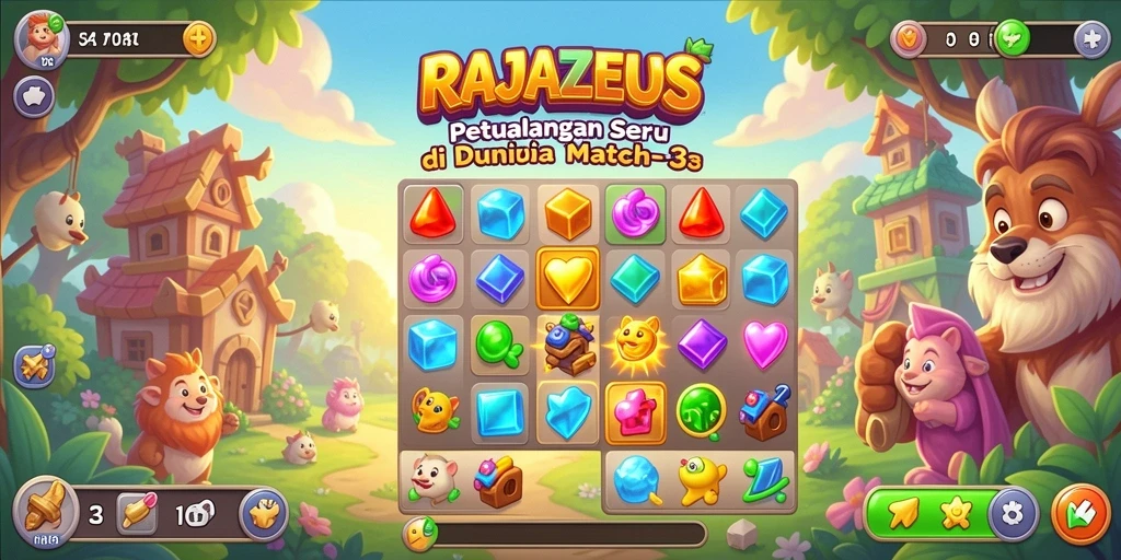 Tampilan gameplay <strong>RAJAZEUS</strong> yang penuh warna dan menarik.