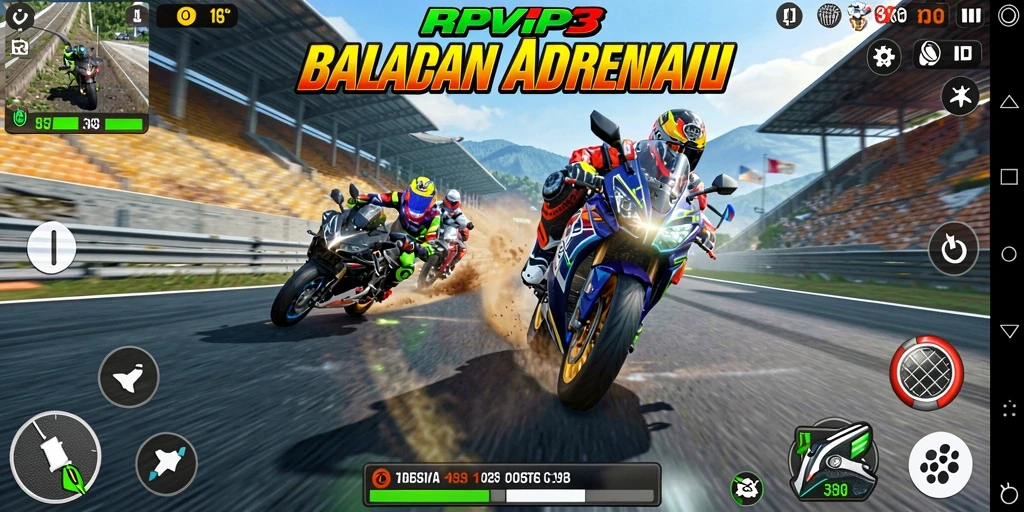 Tampilan gameplay RPVIP3 yang menegangkan dan penuh aksi balapan motor.